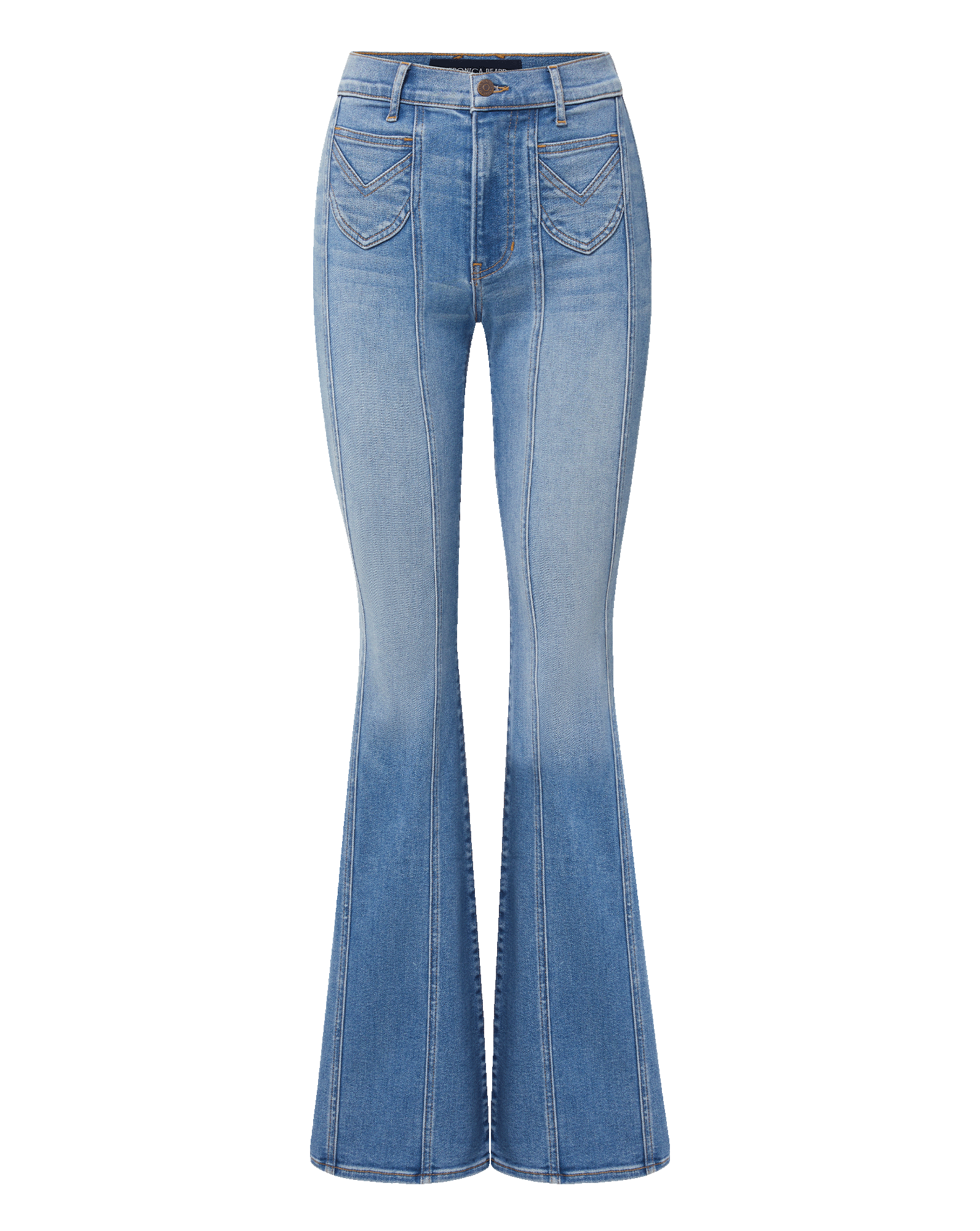 Veronica Beard Blue denim flare jeans with front seams.