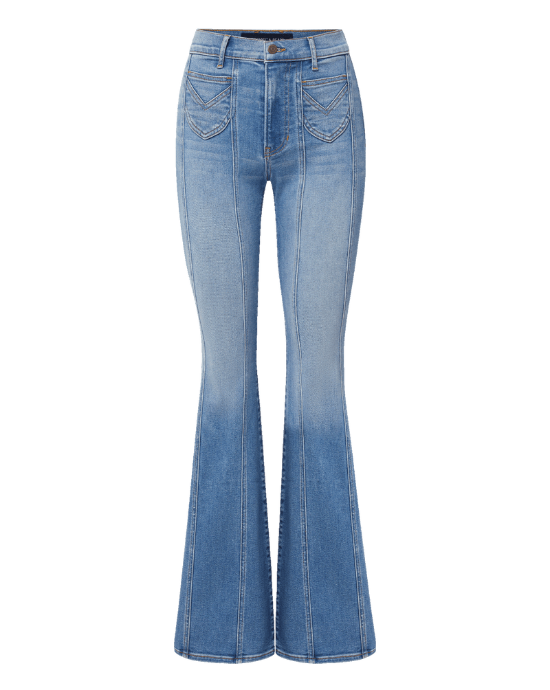 Veronica Beard Blue denim flare jeans with front seams.
