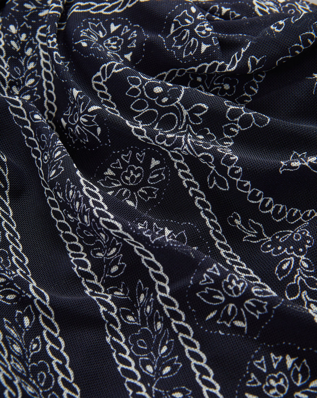 Veronica Beard Black mesh dress with white bandana print.