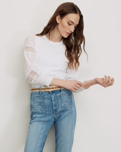 Veronica Beard White cotton t-shirt with lace inserts on sleeves.