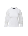 Veronica Beard White long-sleeve top with lace inserts and shirred cuffs.