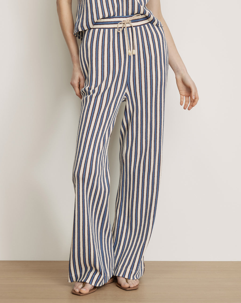 Veronica Beard Striped blue and white wide-leg pants with drawstring.