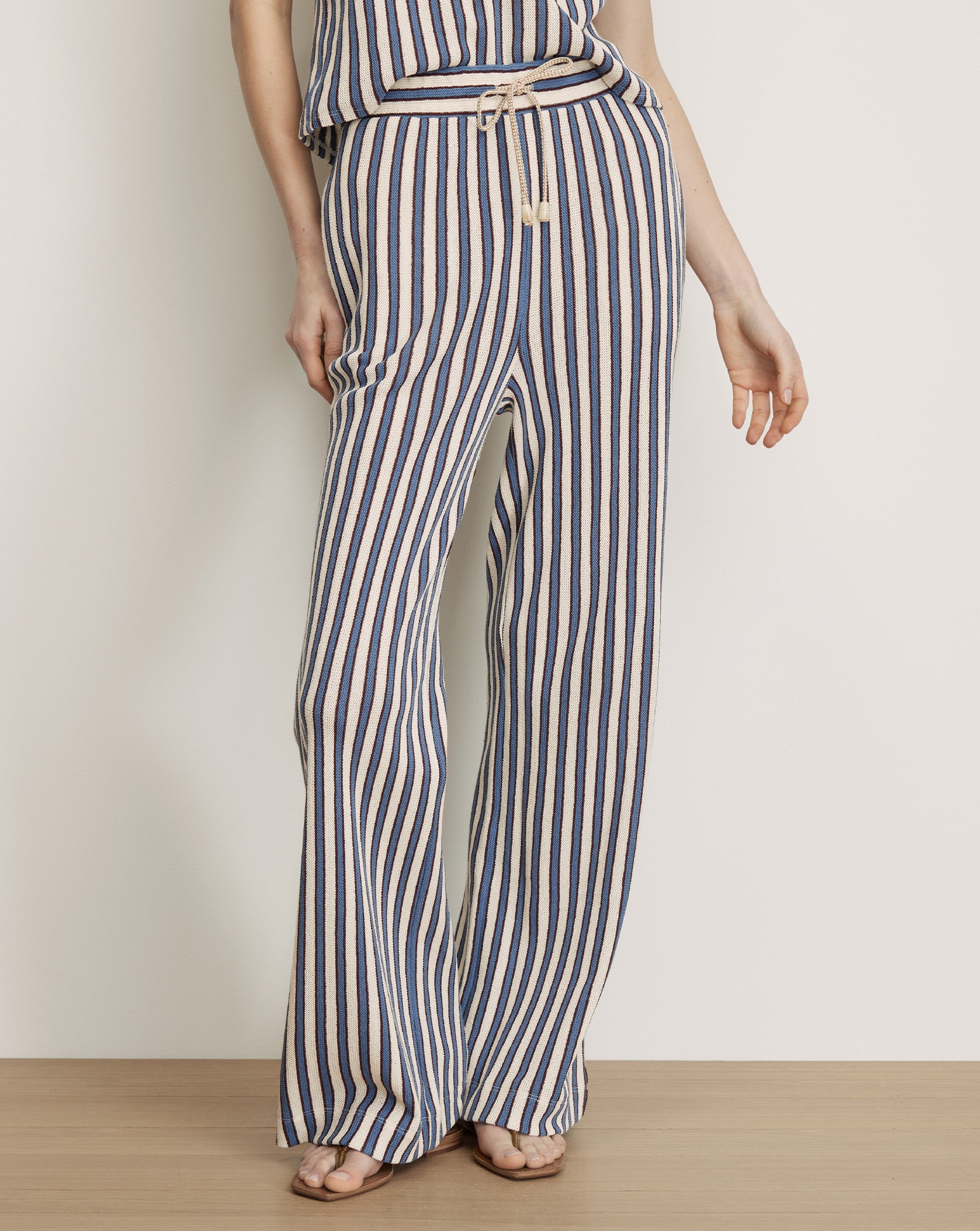 Veronica Beard Striped blue and white wide-leg pants with drawstring.
