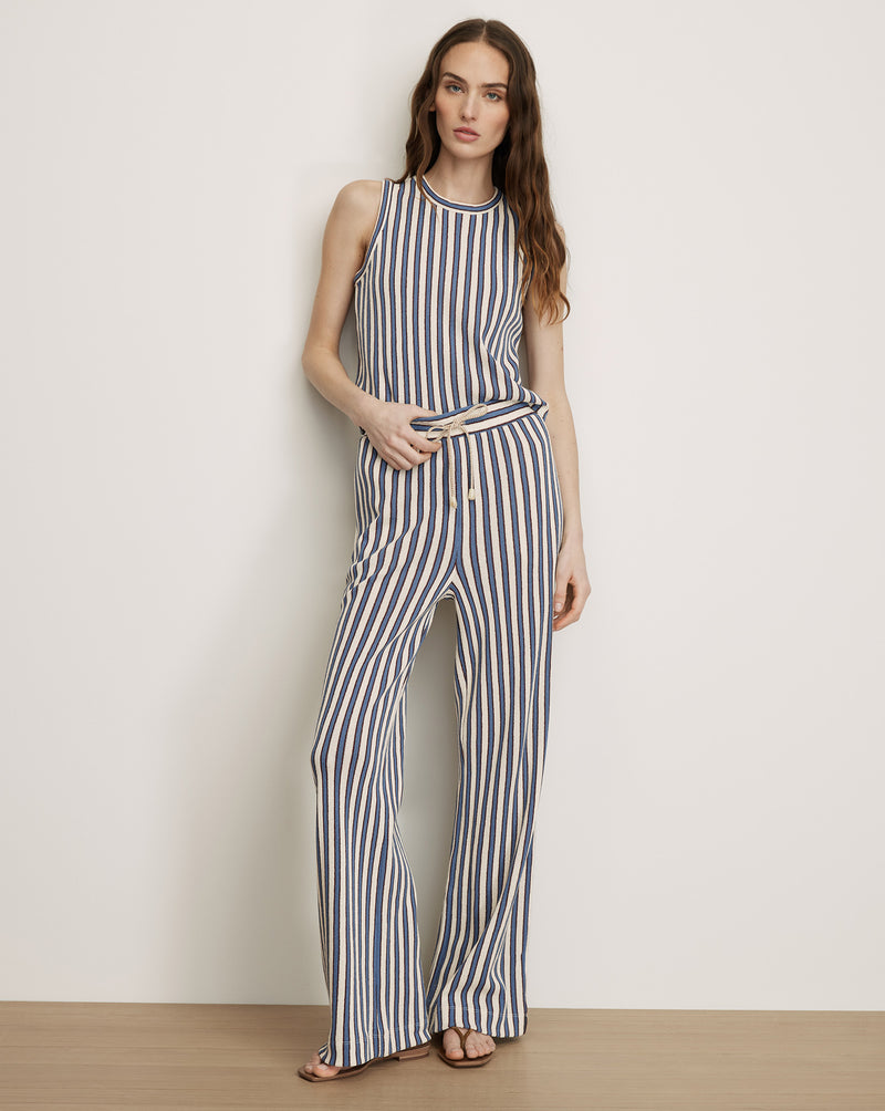 Veronica Beard Striped sleeveless jumpsuit with drawstring waist.