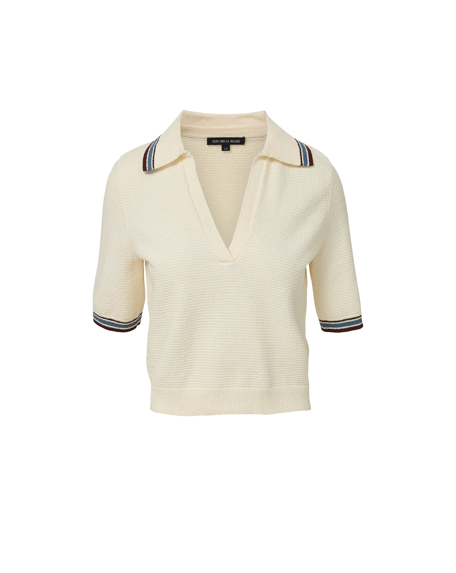 Veronica Beard Cream knit sweater with striped collar and cuffs.
