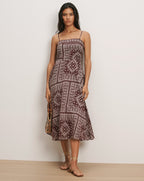 Veronica Beard Brown patterned midi dress with spaghetti straps.