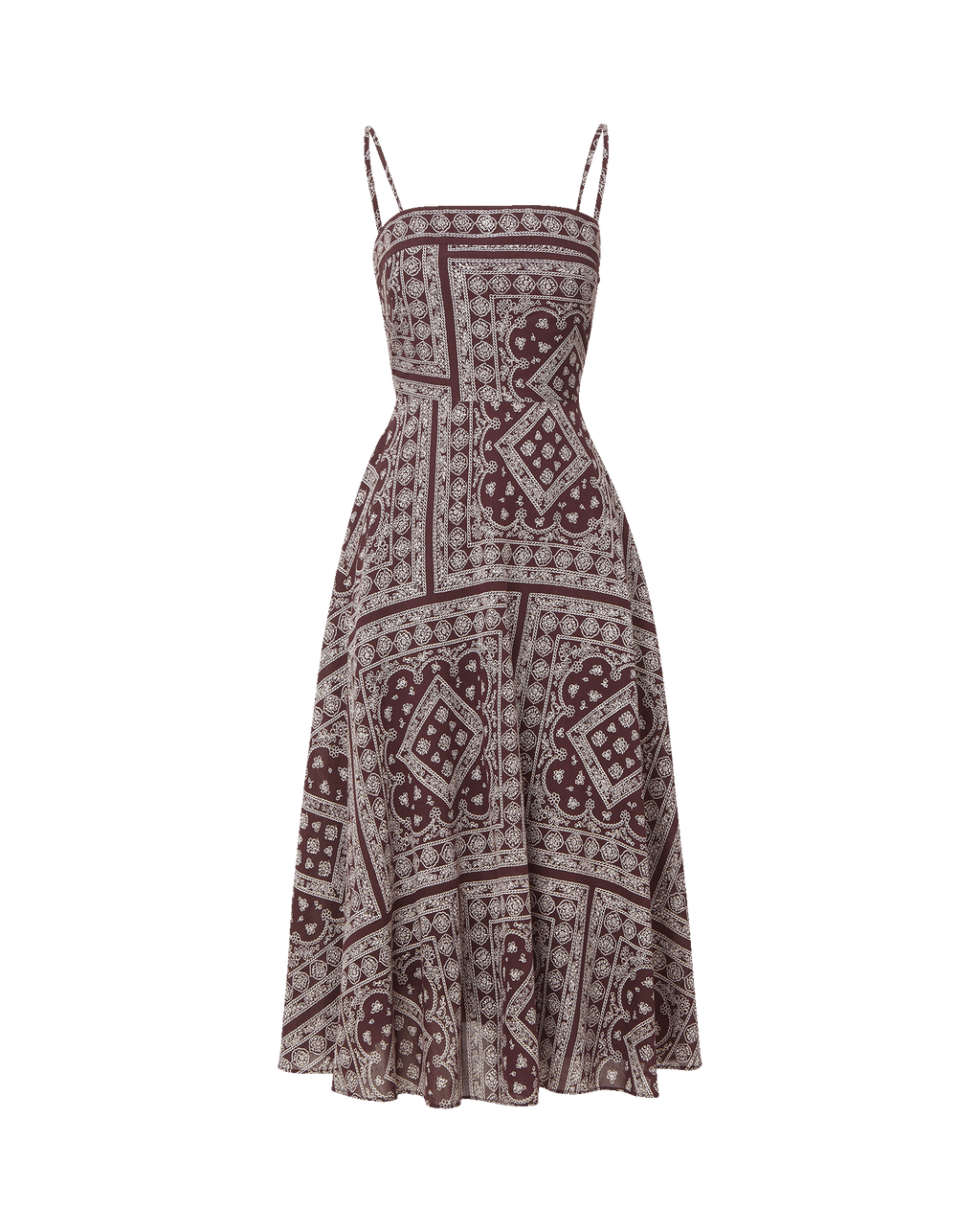 Veronica Beard Maroon and white patterned midi dress with spaghetti straps.