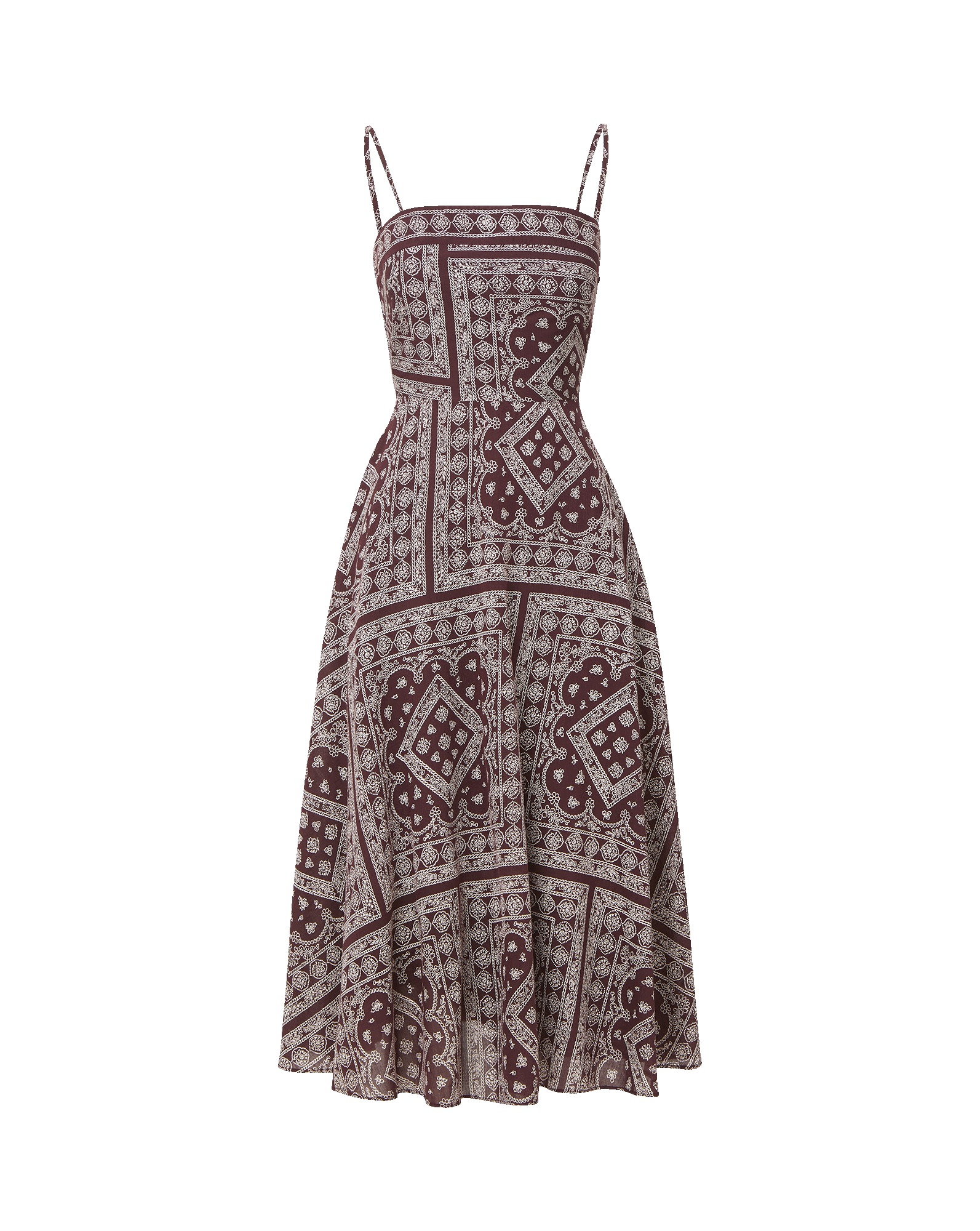 Veronica Beard Maroon and white patterned midi dress with spaghetti straps.