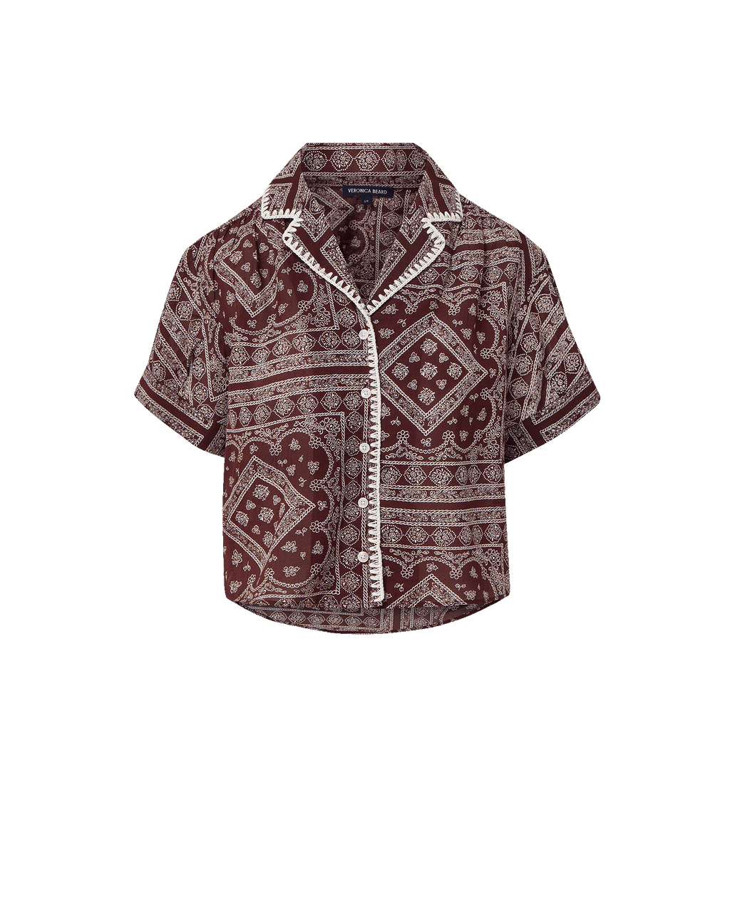 Veronica Beard Maroon bandana print short-sleeve top with white trim.