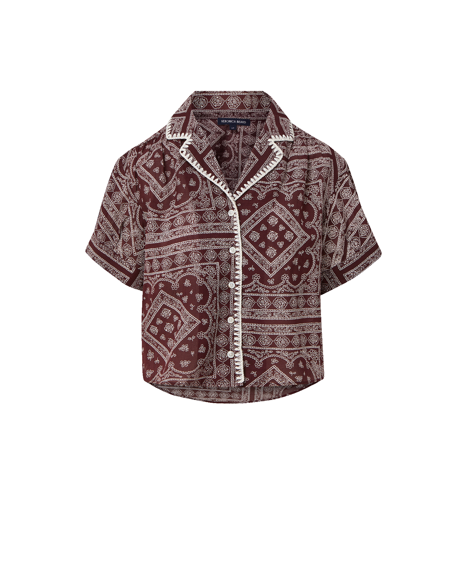 Veronica Beard Maroon bandana print short-sleeve top with white trim.