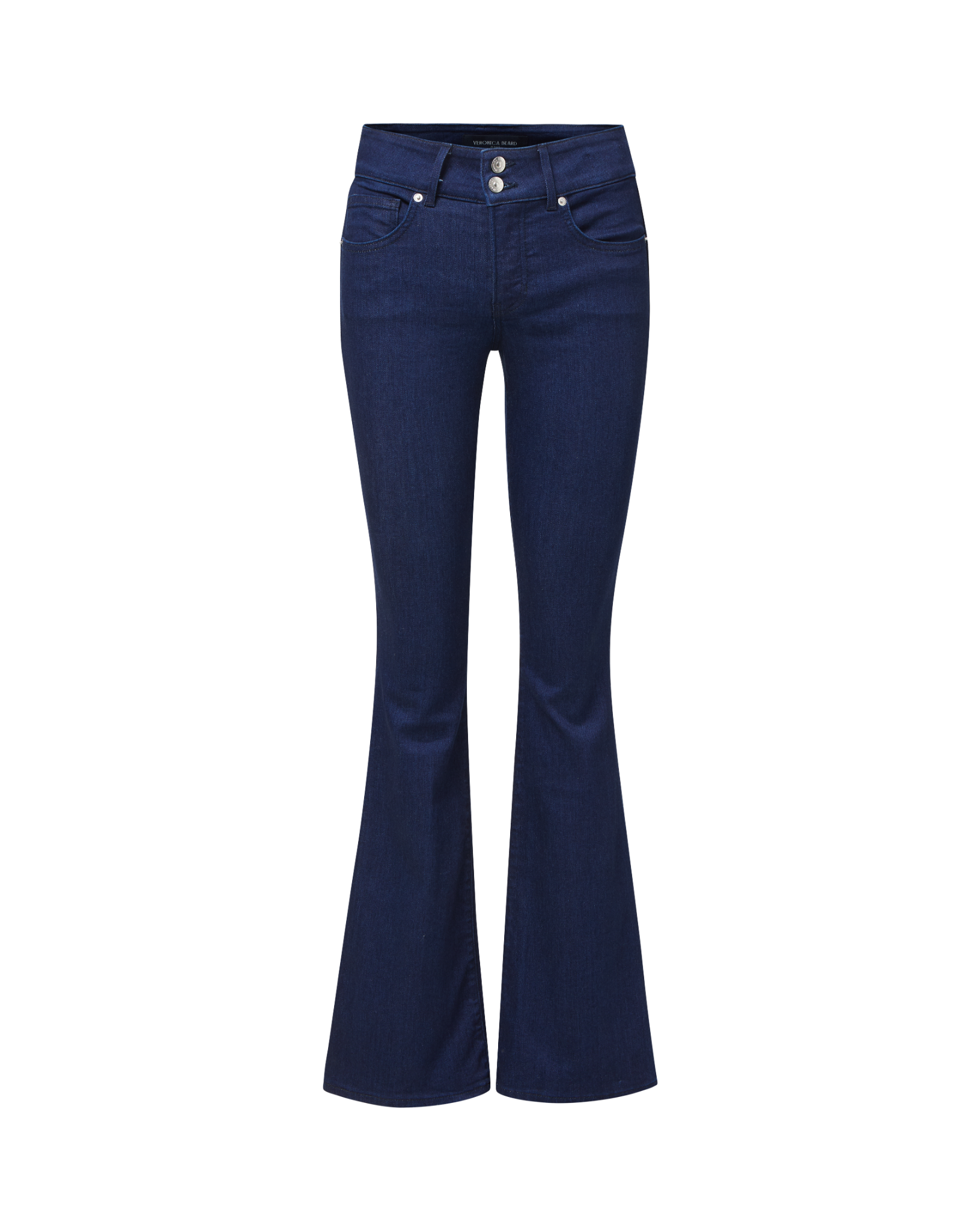 Veronica Beard Dark blue denim flared jeans with button fly.