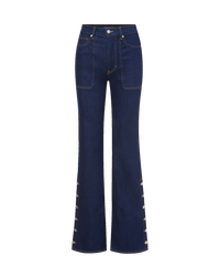 Veronica Beard Dark blue flared jeans with side button details.