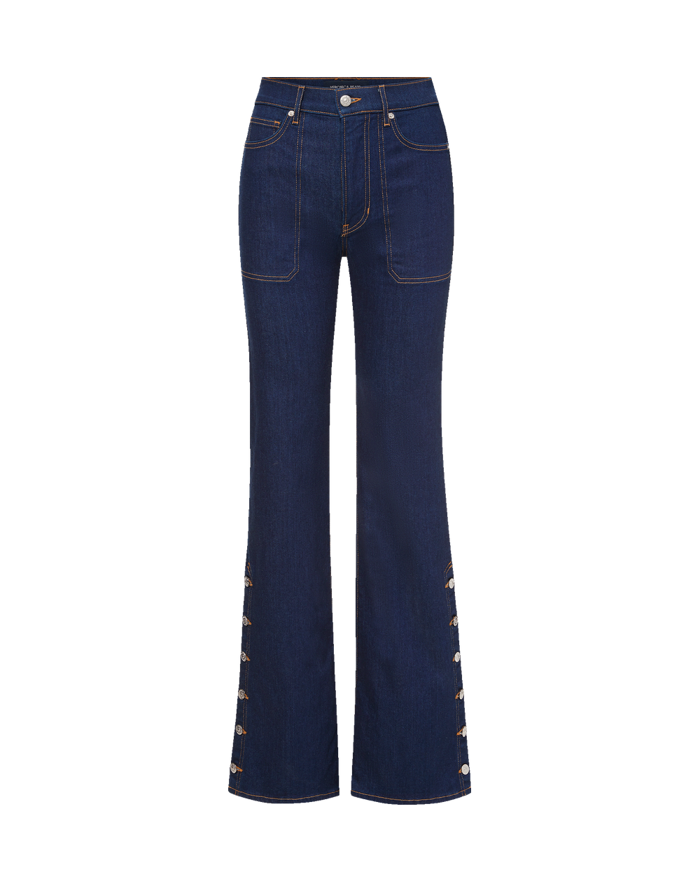 Veronica Beard Dark blue flared jeans with side button details.