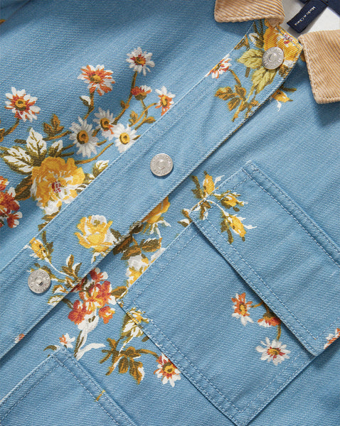 Veronica Beard Blue denim floral print jacket with corduroy collar.