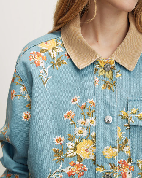 Veronica Beard Blue floral denim jacket with tan corduroy collar.