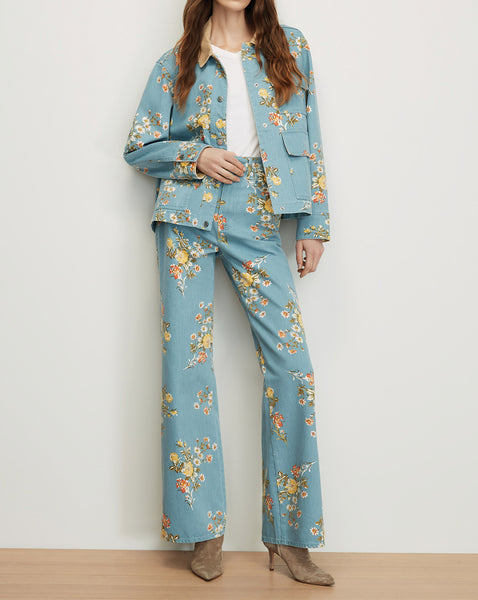 Veronica Beard Blue floral denim jacket and matching flare pants.