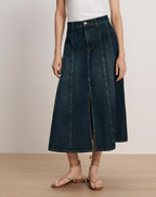 Veronica Beard Dark wash denim midi skirt with front slit.