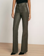 Veronica Beard Olive green coated denim flare jeans.