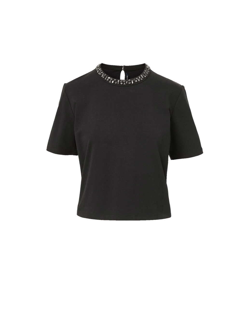Veronica Beard Black short-sleeve top with embellished rhinestone collar.