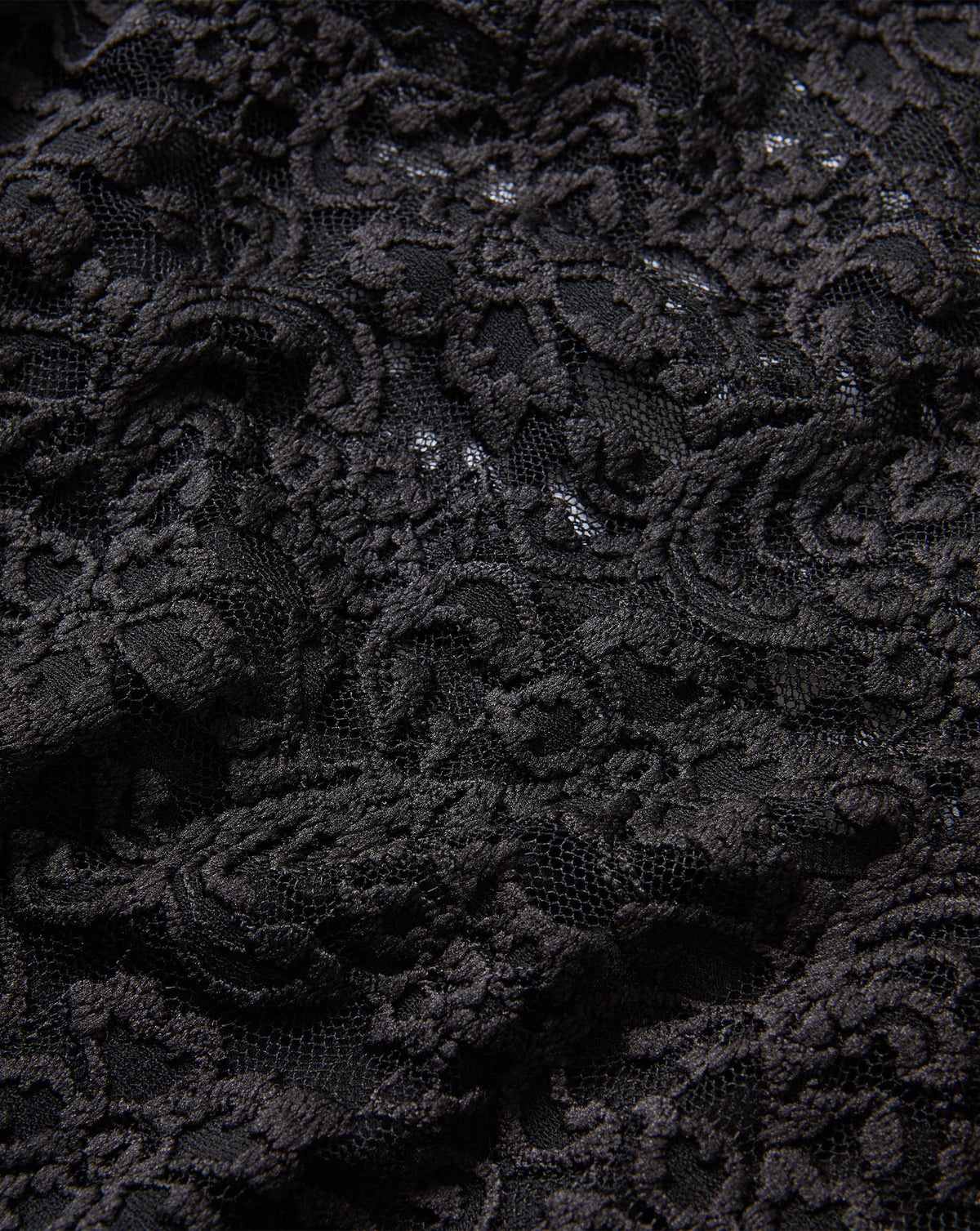 Veronica Beard Black lace fabric with intricate floral pattern.