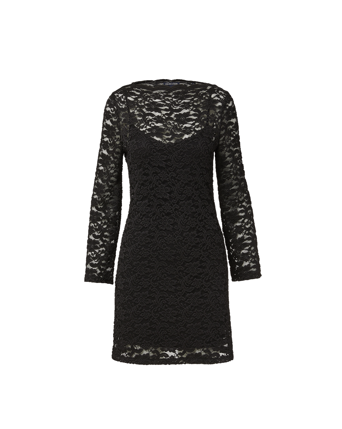 Veronica Beard Black lace sheath dress with long sleeves.