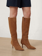 Veronica Beard Brown suede knee-high boots with kitten heels.