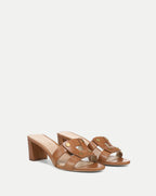 Veronica Beard Brown leather block heel mules with gold studs.