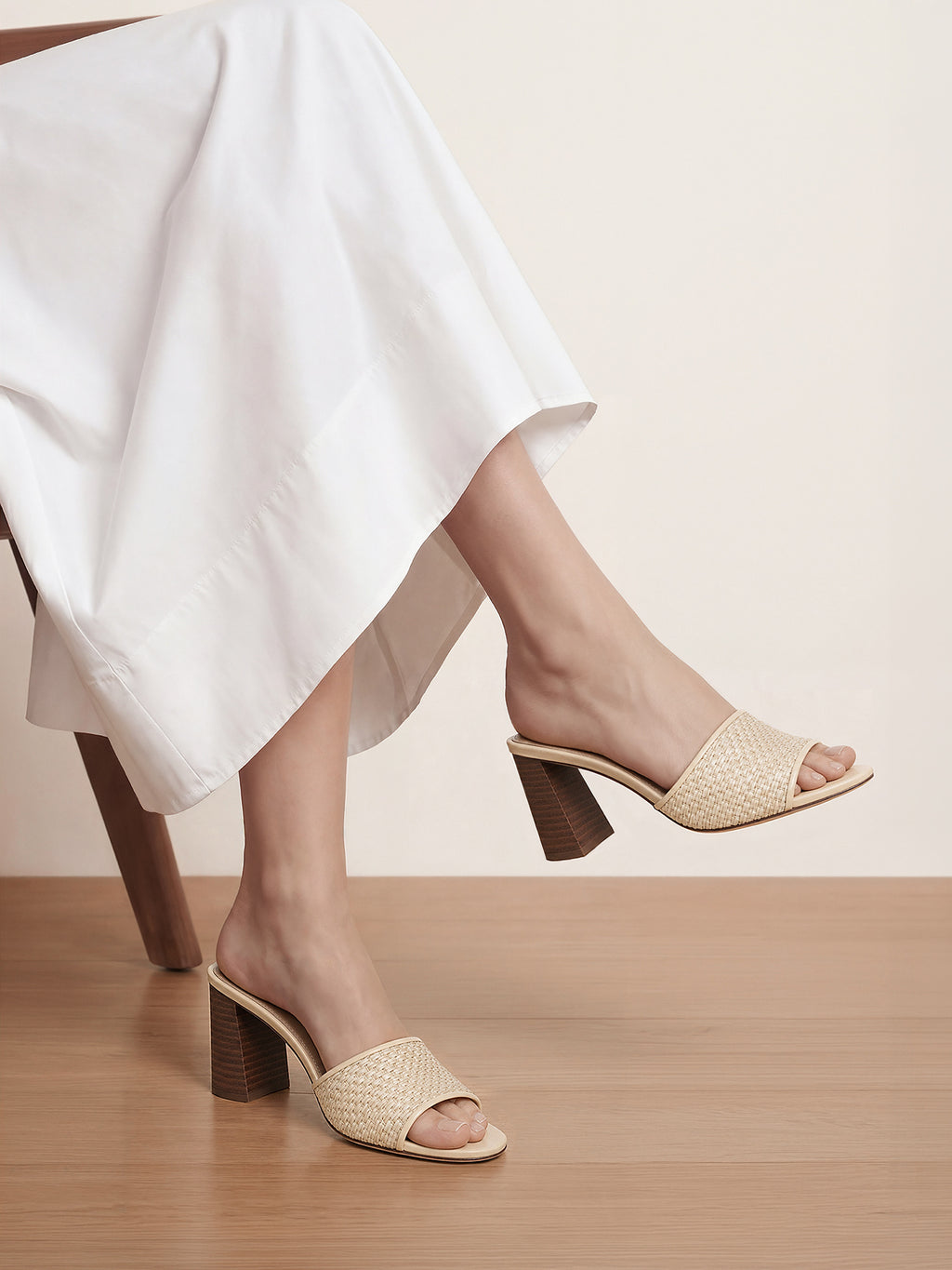 Veronica Beard Beige woven raffia mules with wood block heels.