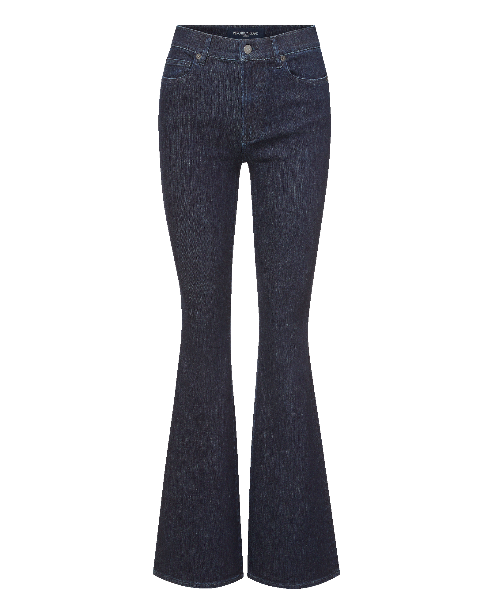 Veronica Beard Dark wash denim flare jeans with a high waist.