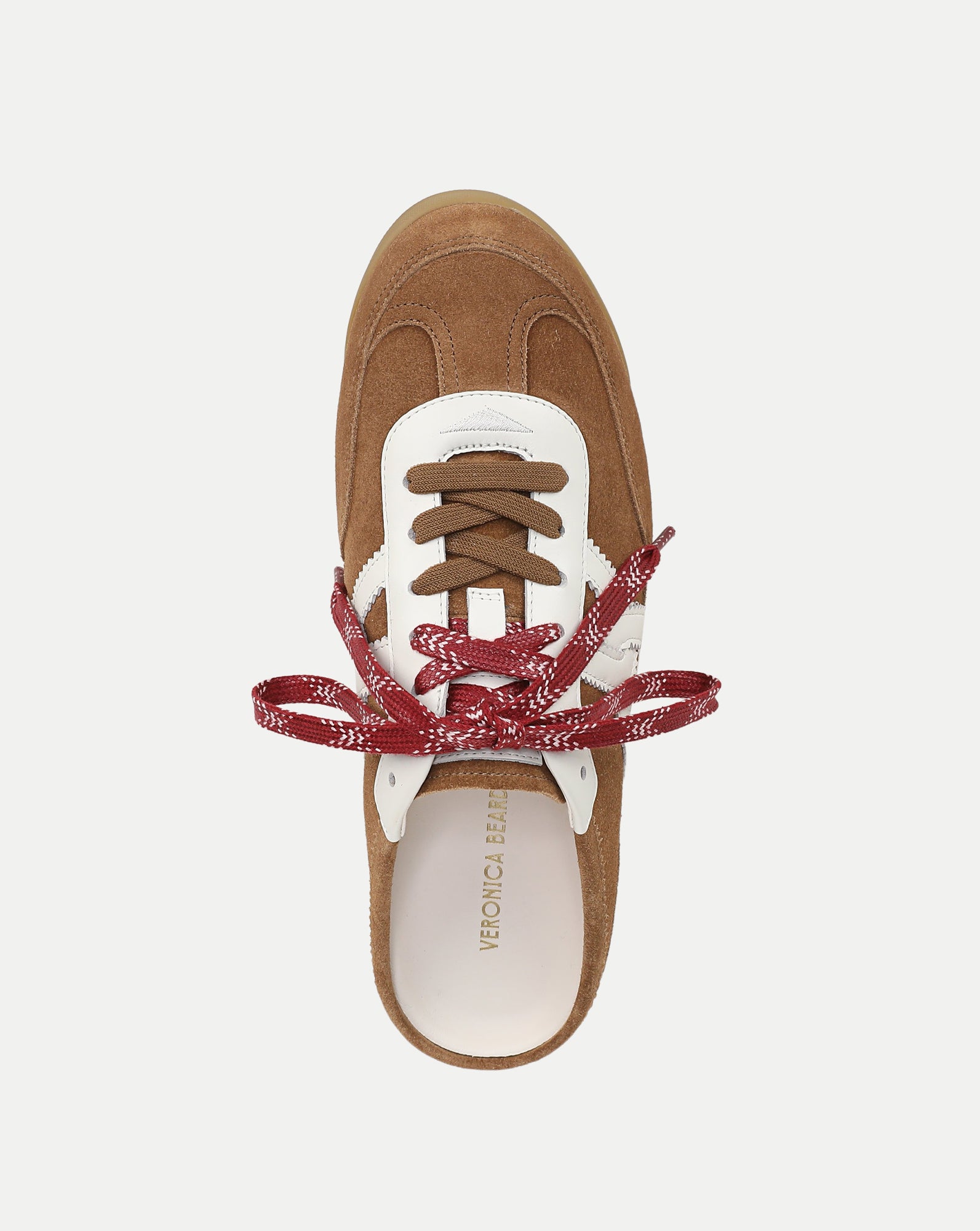 Veronica Beard Brown suede sneaker with white and red laces.