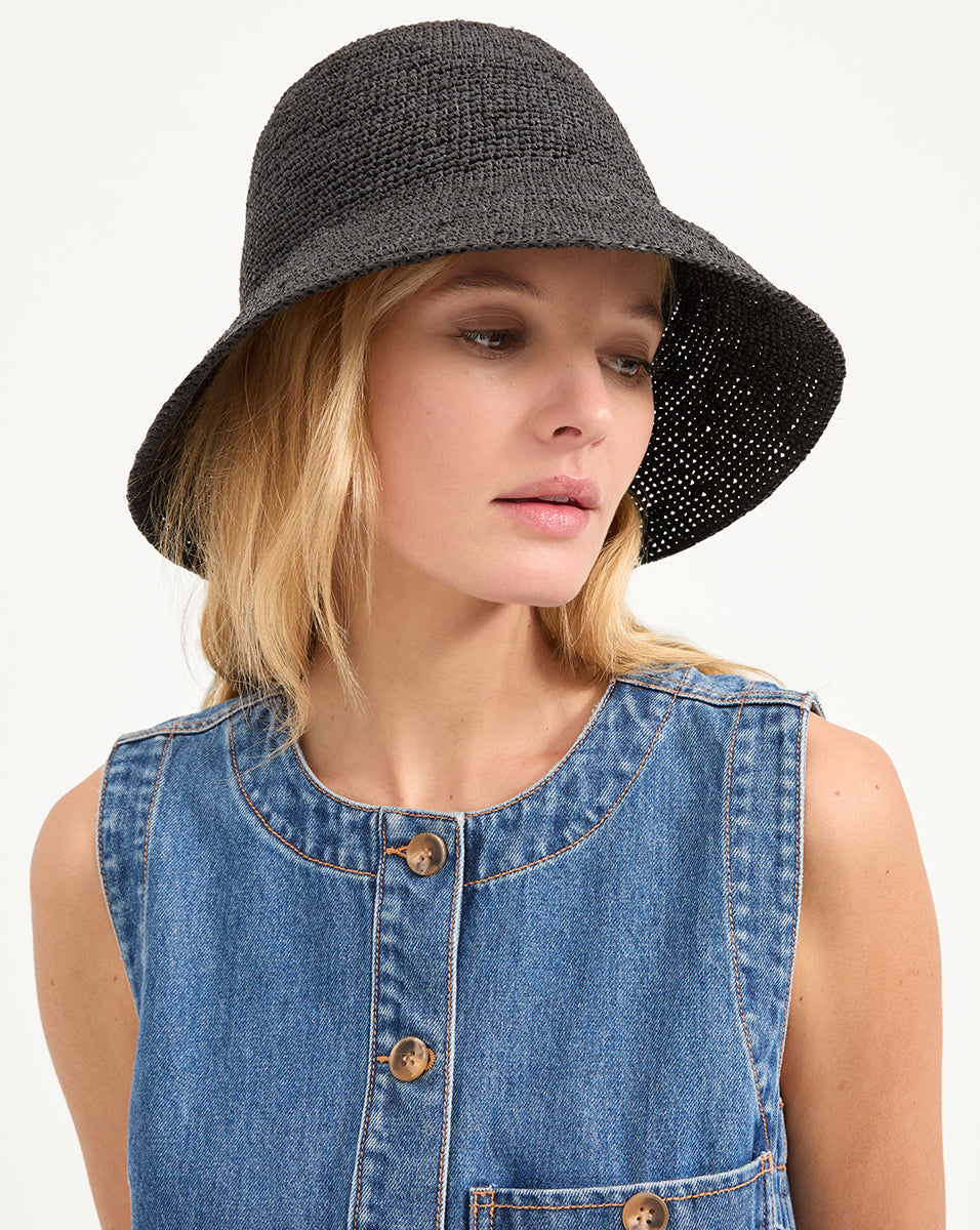 Veronica Beard Felix Raffia Straw Bucket Hat - Black