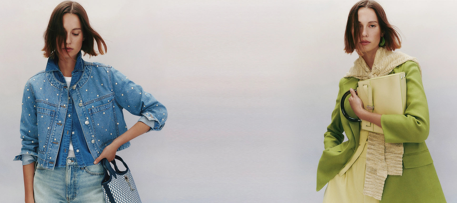 Two young women wearing stylish outfits, one in a denim jacket with polka dots and the other in a green coat, stand against a plain white background.