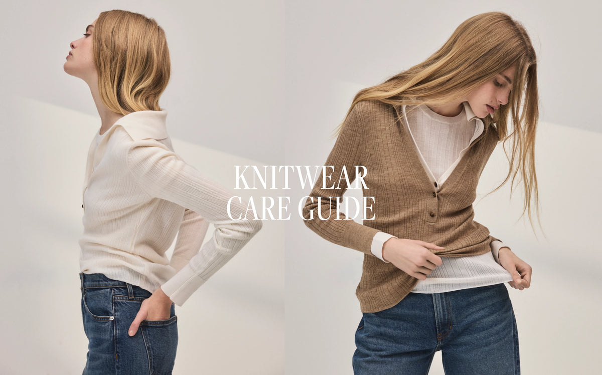 Two women wearing knitwear with text overlay 'KNITWEAR CARE GUIDE' on a plain background