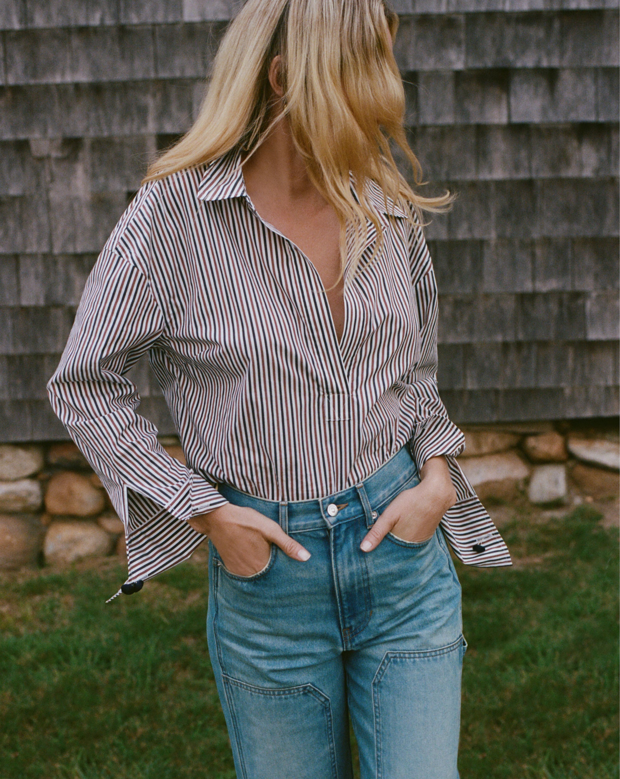 Veronica Beard Draymond Striped Cuff-Sleeve Shirt - Navy/Brandy Multi