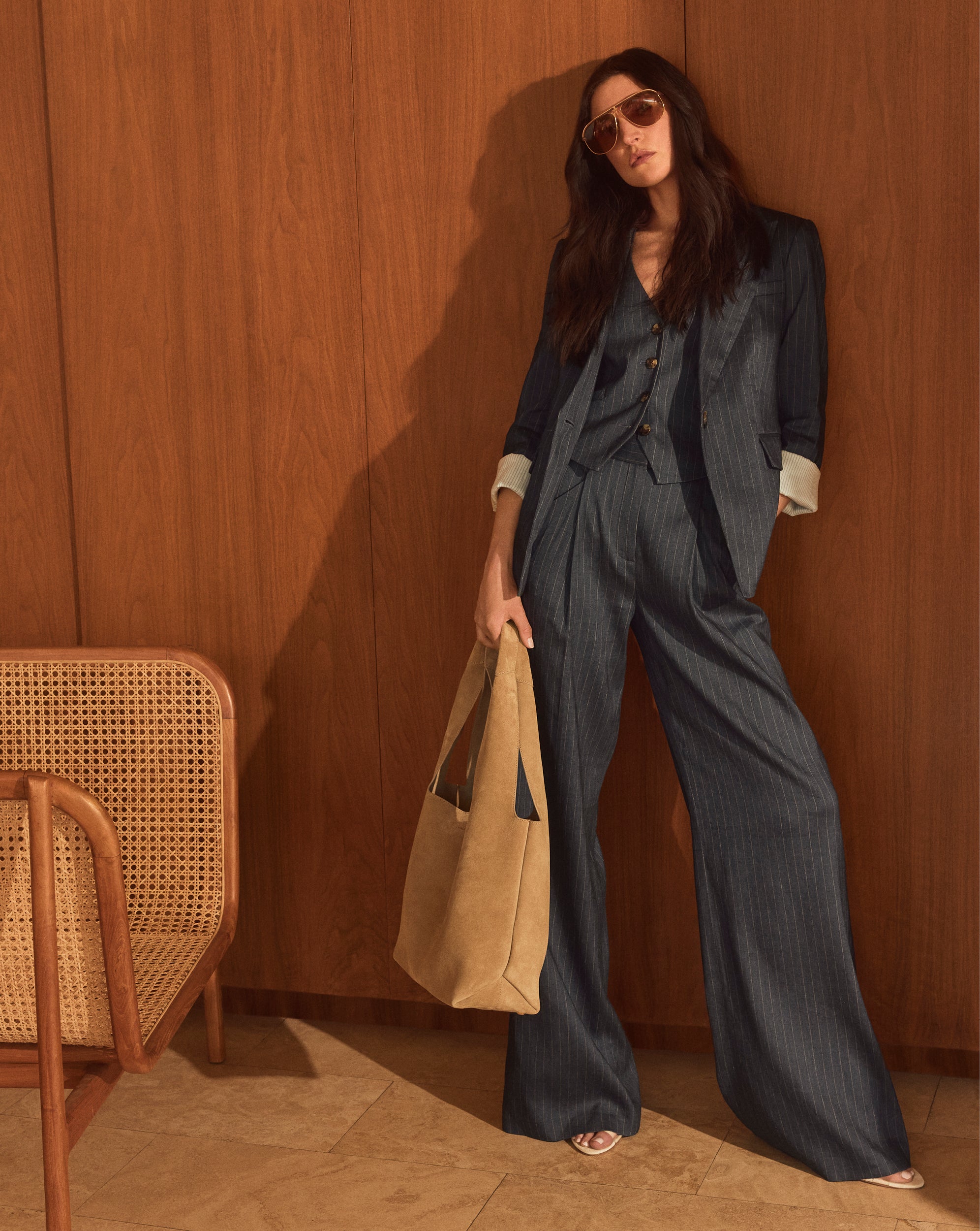 Veronica Beard Rimini Wide-Leg Pinstripe Pant - Blue/Dove White