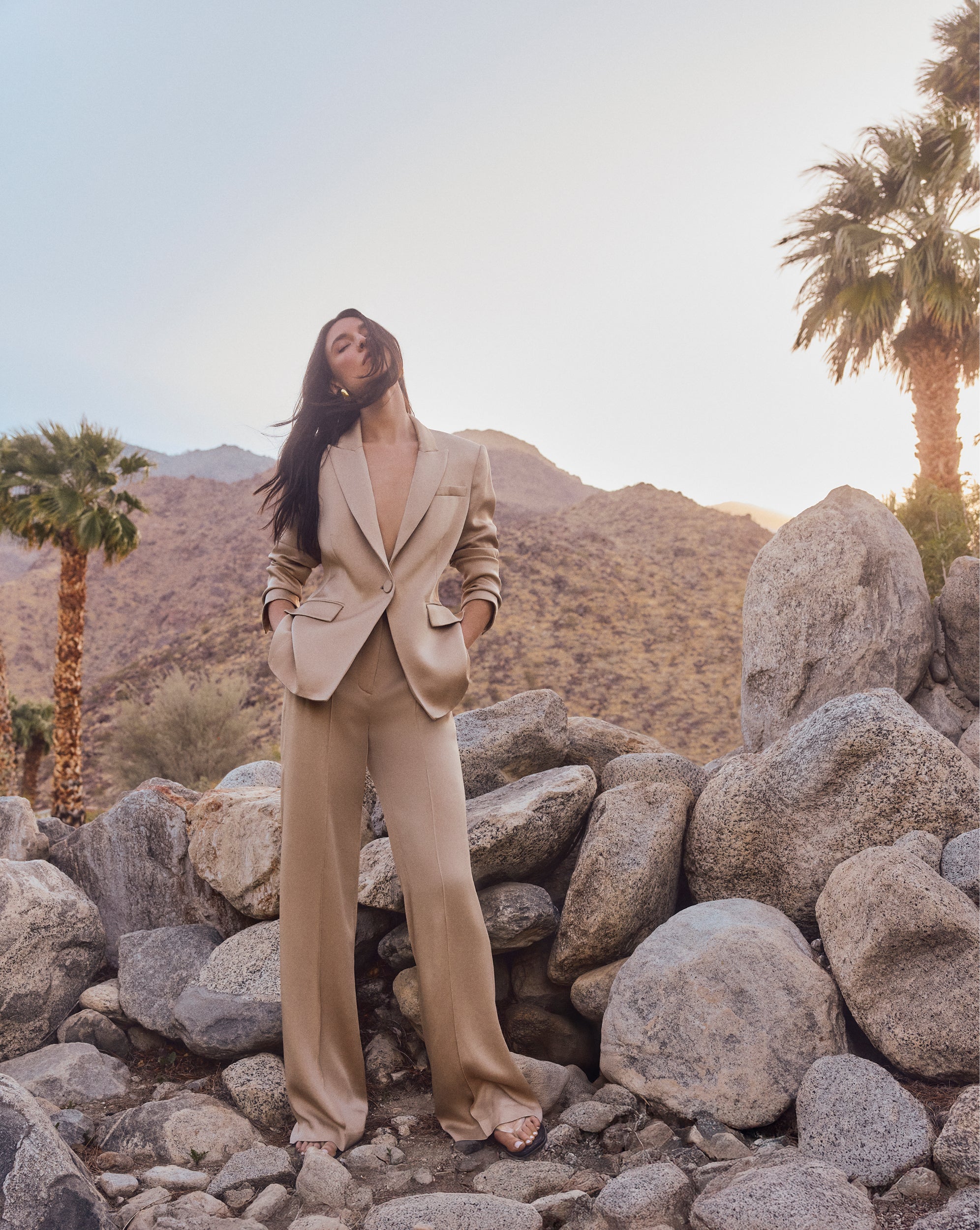 Veronica Beard Long and Lean Satin Dickey Jacket - Stone Khaki