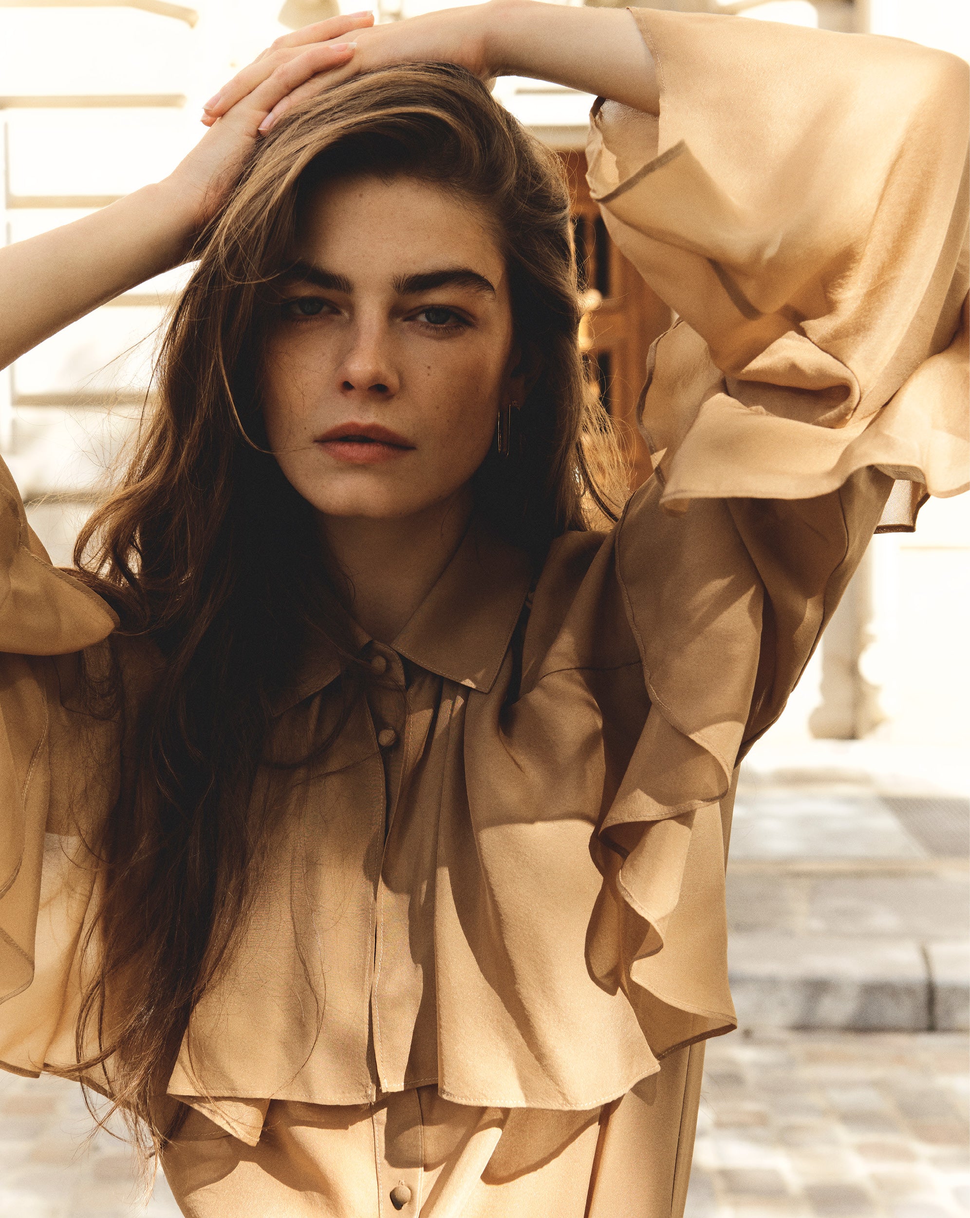 Veronica Beard Demaris Ruffled Button-Down Blouse - Brown Sugar