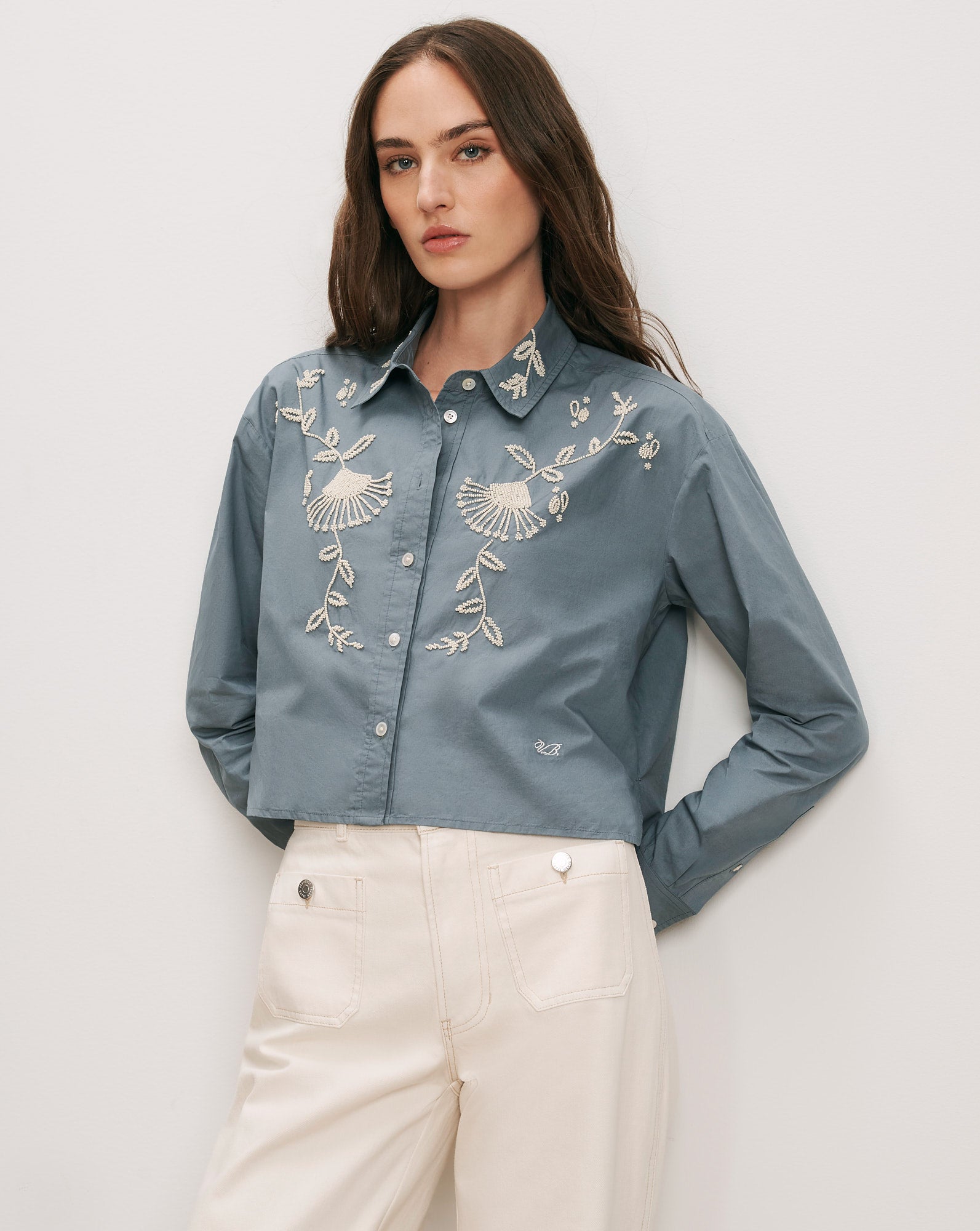 Aderes Beaded Button-Down Shirt in Blue Steel | Veronica Beard