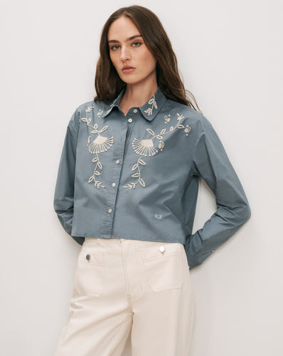 Veronica Beard Blue embroidered cotton poplin shirt