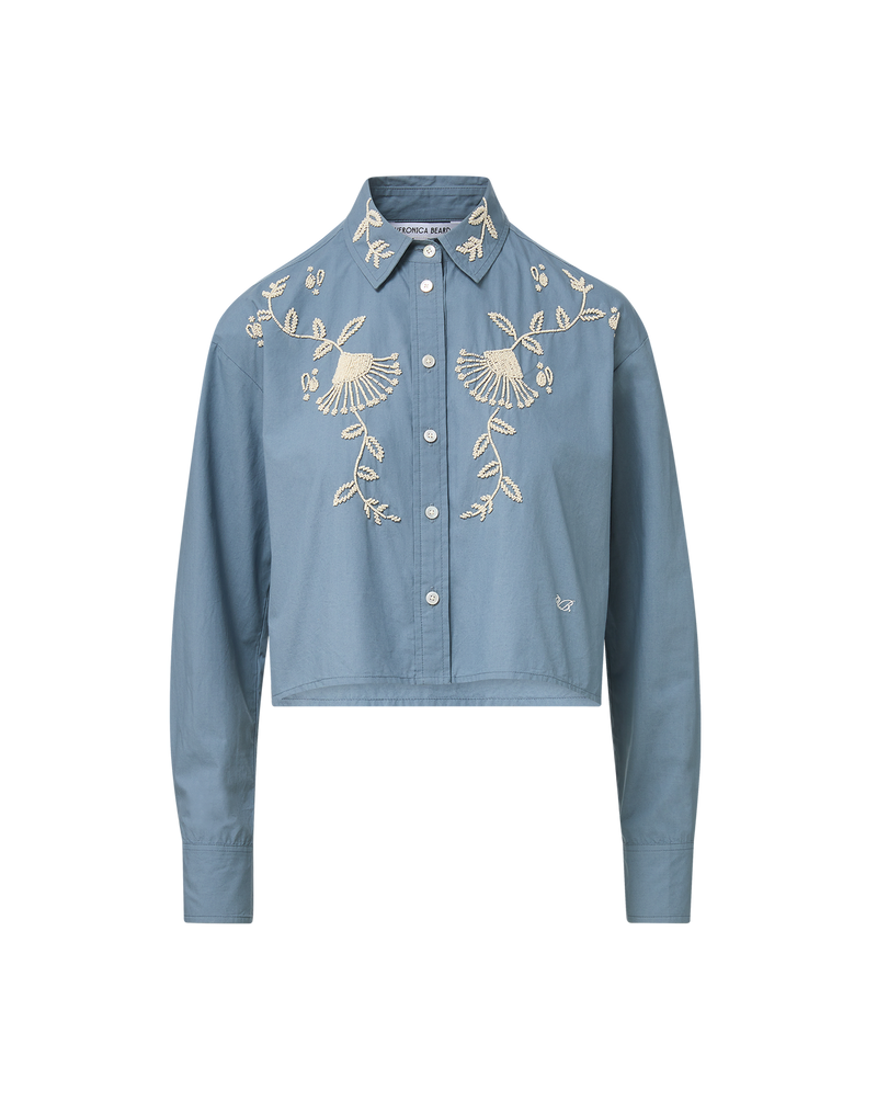 Veronica Beard Blue cotton embroidered cropped shirt