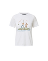 Veronica Beard White graphic t-shirt and blue geometric patchwork jeans.