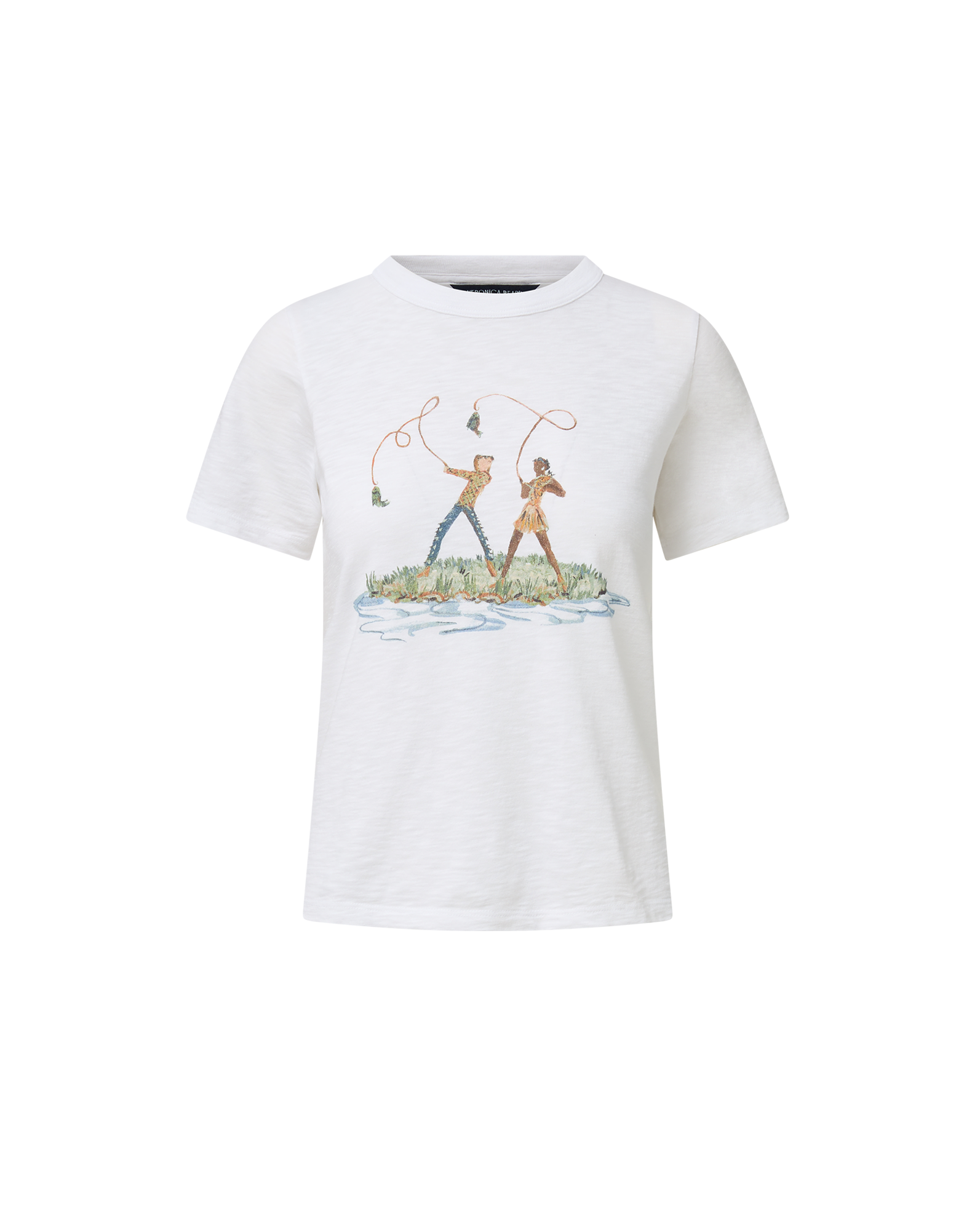 Veronica Beard White graphic t-shirt and blue geometric patchwork jeans.