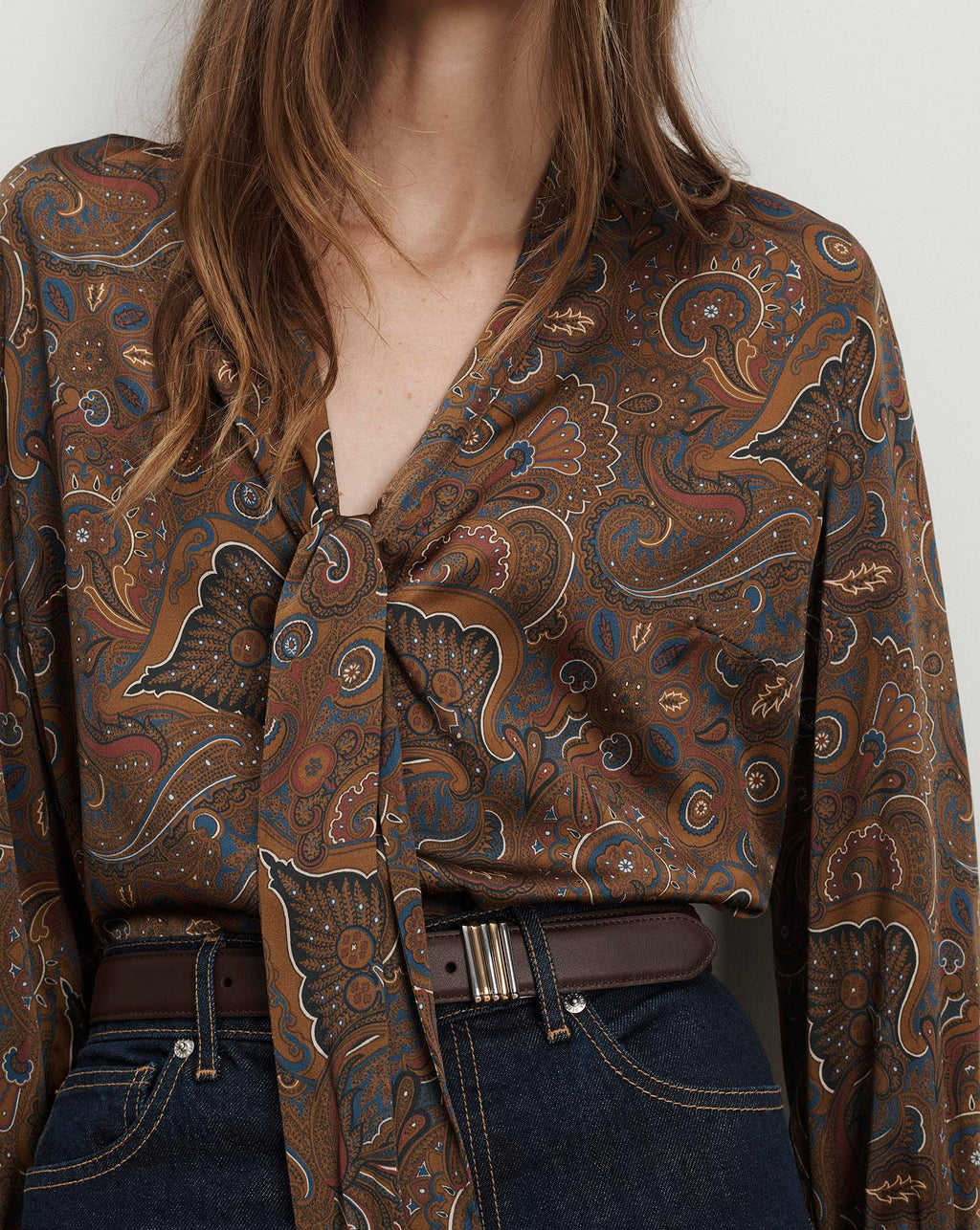 Veronica Beard Francine Tie-Neck Blouse - Walnut Multi