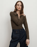 Veronica Beard Kearney Long-Sleeve Polo - Dark Umber