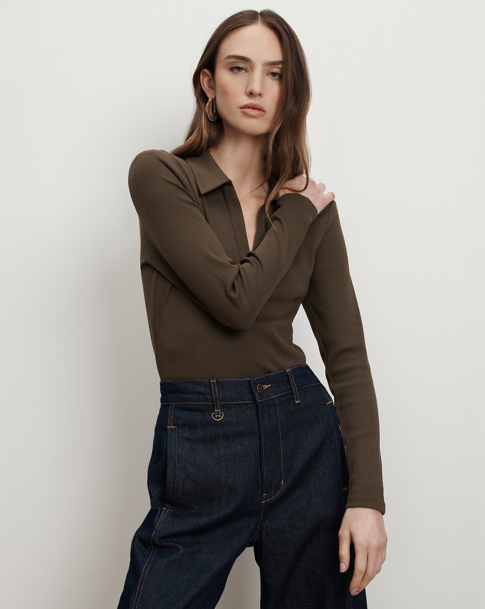 Veronica Beard Kearney Long-Sleeve Polo - Dark Umber