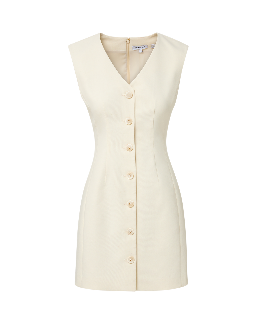 Veronica Beard Cream sleeveless mini dress with button front.