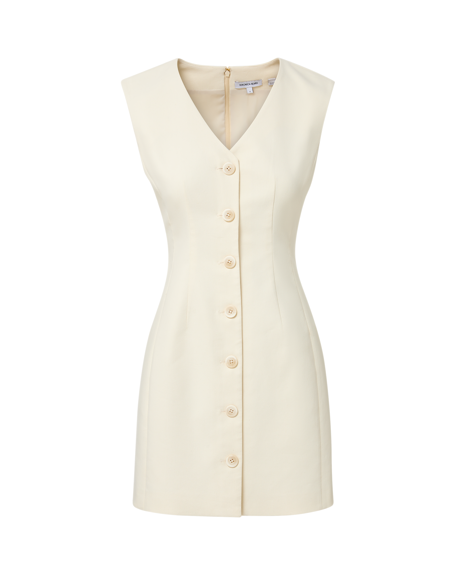 Veronica Beard Cream sleeveless mini dress with button front.