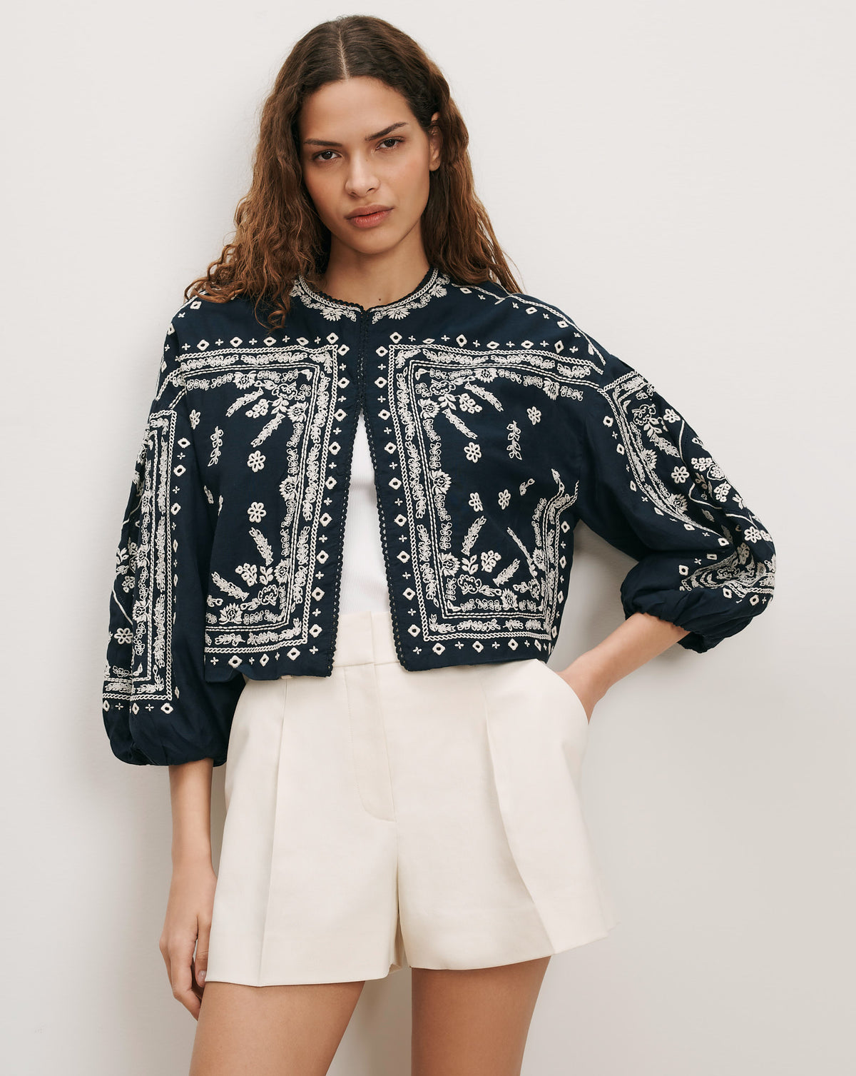 Drake Embroidered Jacket in Navy | Veronica Beard