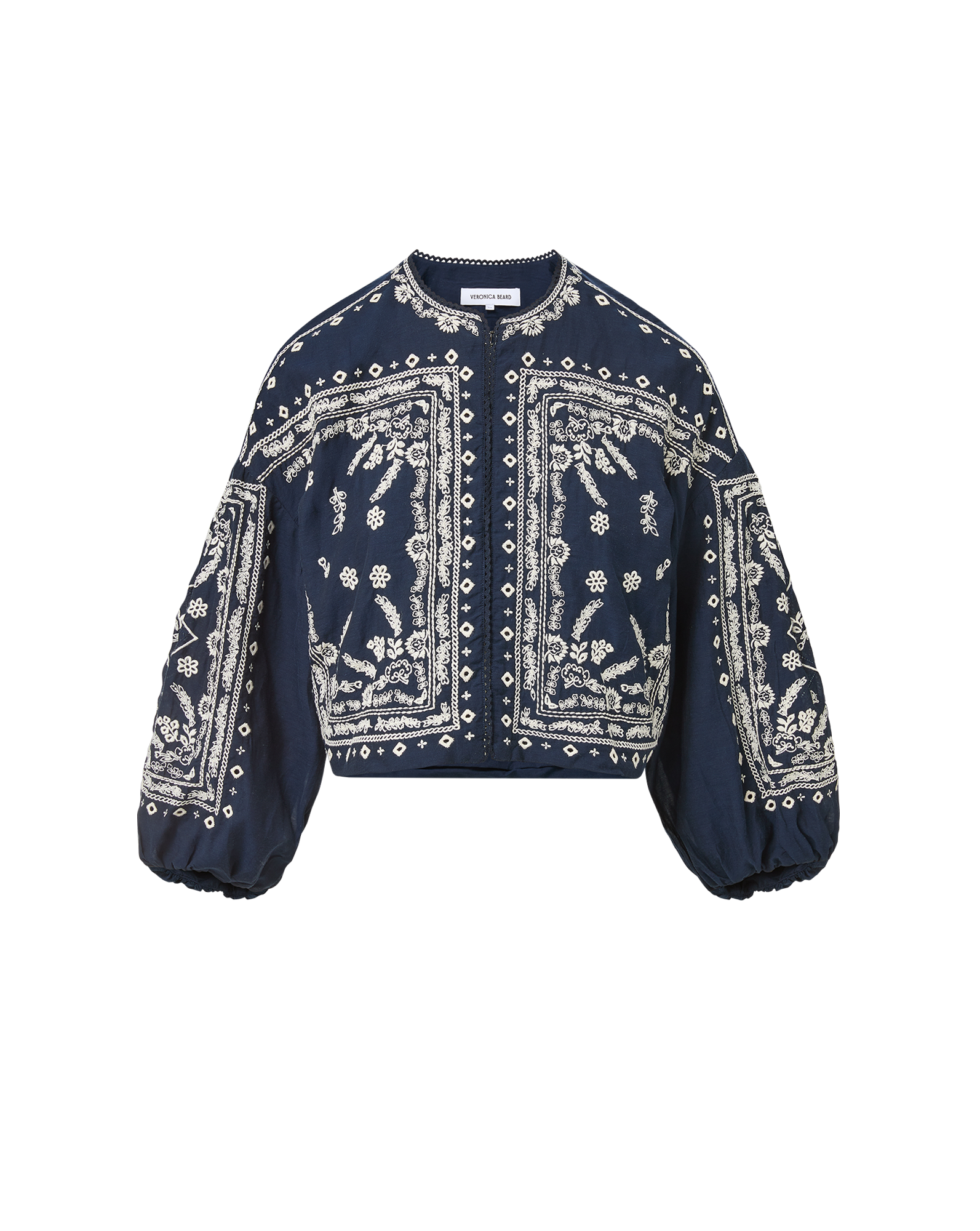 Veronica Beard Navy embroidered cotton bomber jacket with balloon sleeves.