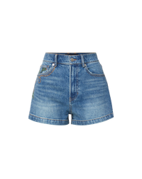 Veronica Beard White crewneck t-shirt and blue denim shorts.
